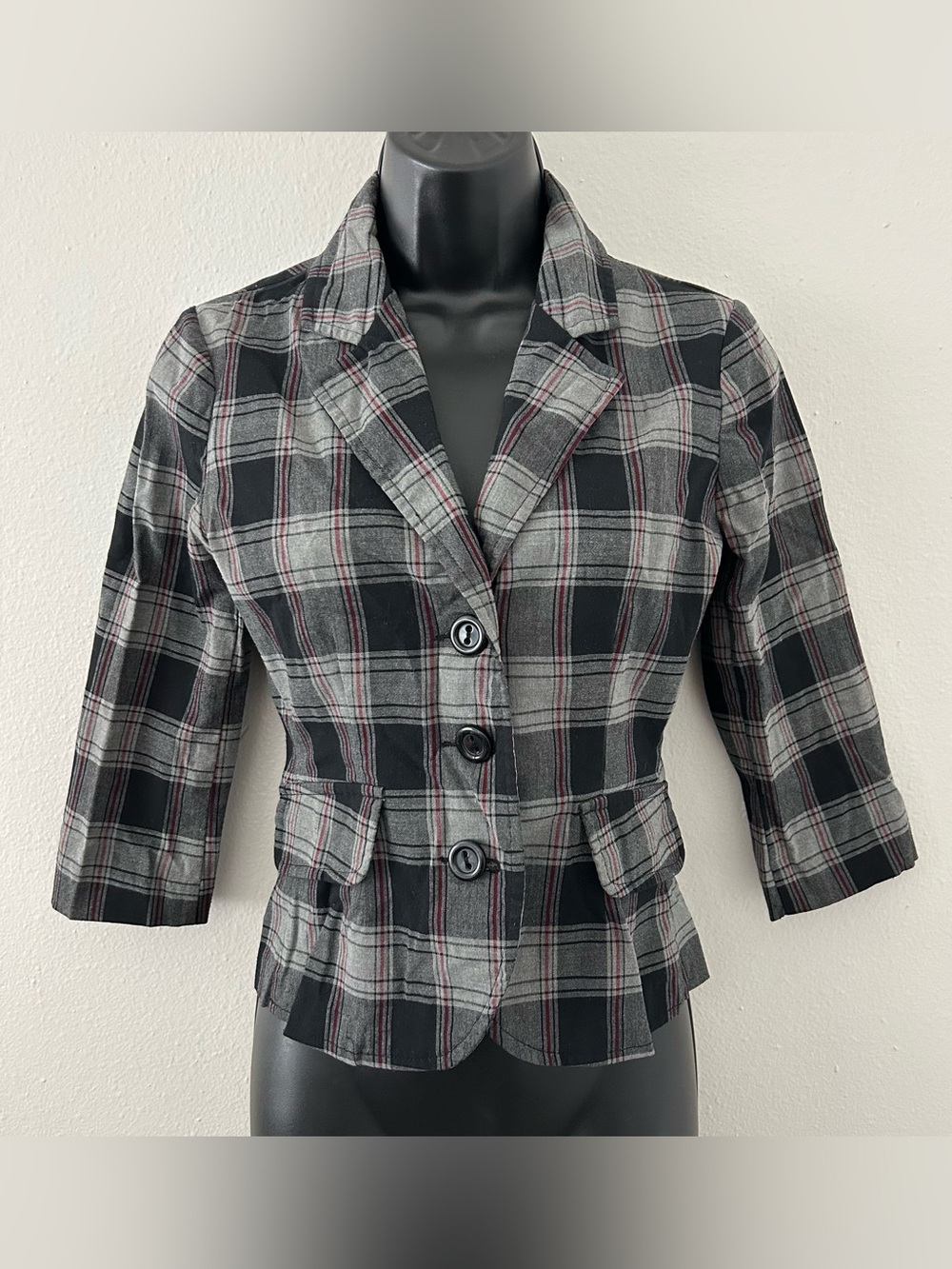Vintage Rampage Grey Plaid Blazer Jacket Sz S Preppy Y2K 90s Academia 3/4 Sleeve